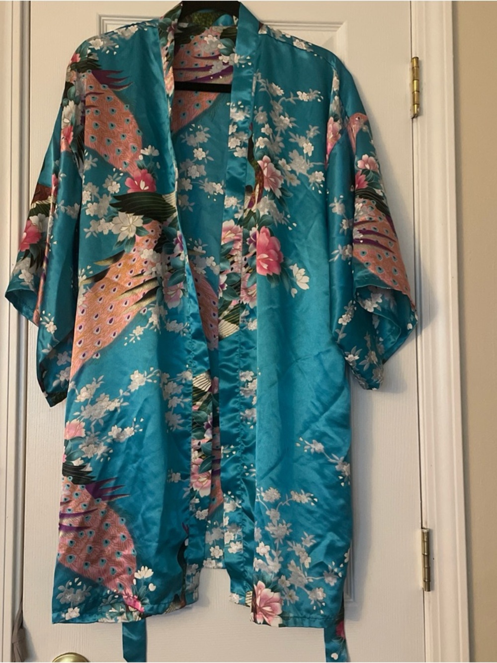 Teal Floral Satin Kimono Robe